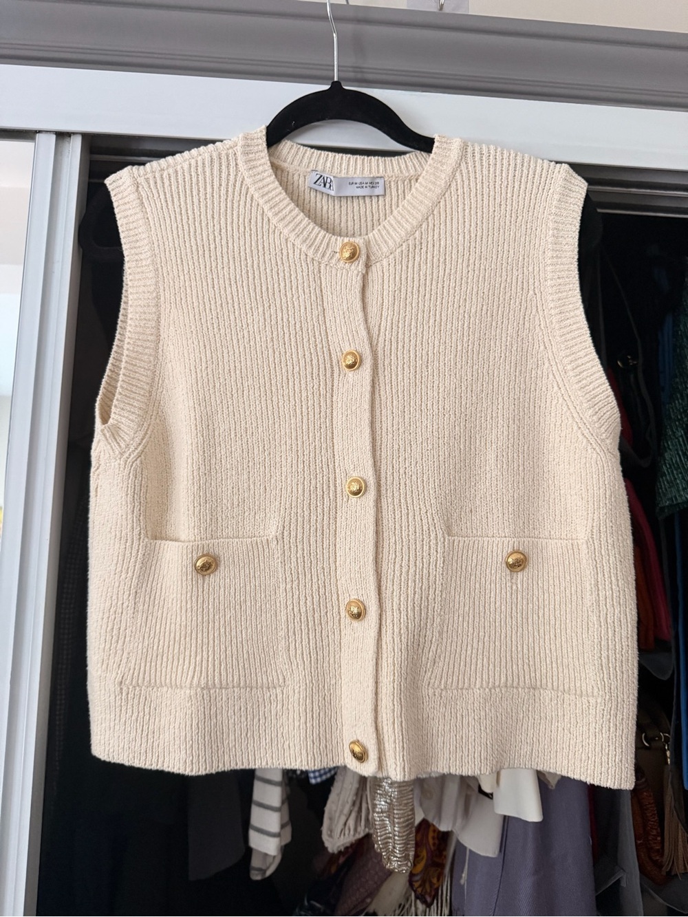 Zara Cream Knit Button-Front Sleeveless Cardigan Vest